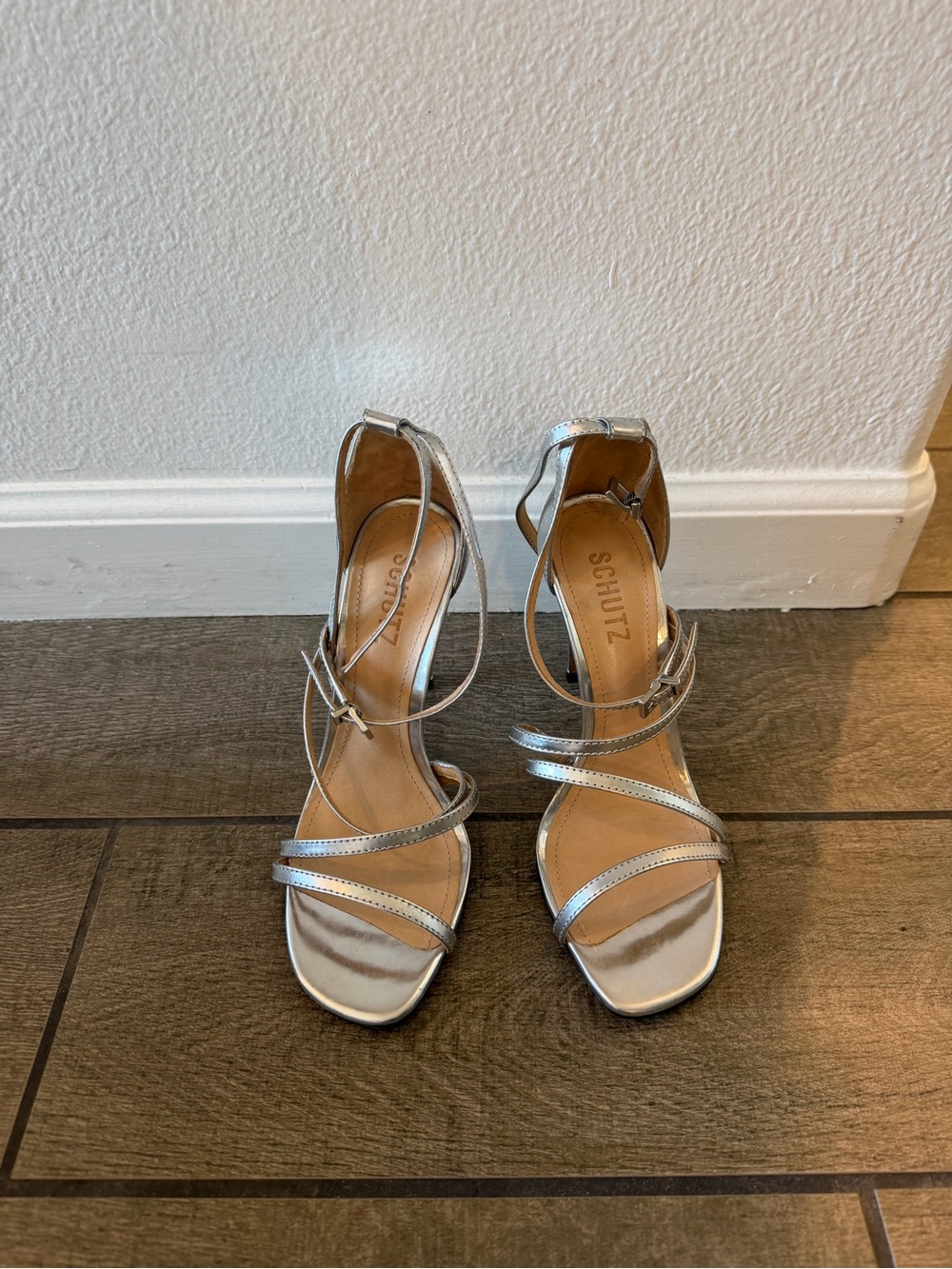 SCHUTZ Metallic Silver Strappy High Heel Sandals